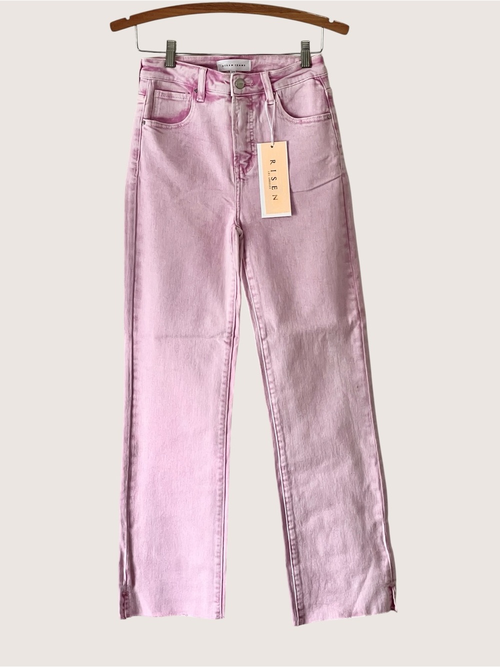 Risen Acid Pink High-Rise Straight Leg Jeans with Raw Hem - Picture 12 of 12
